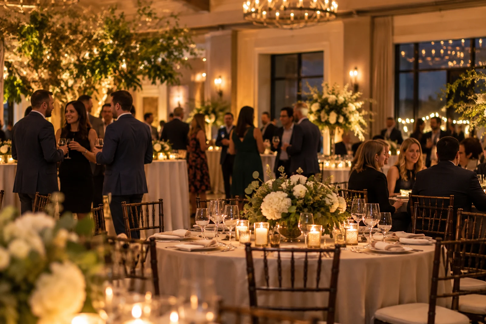 Warm indoor evening fundraiser reception setting