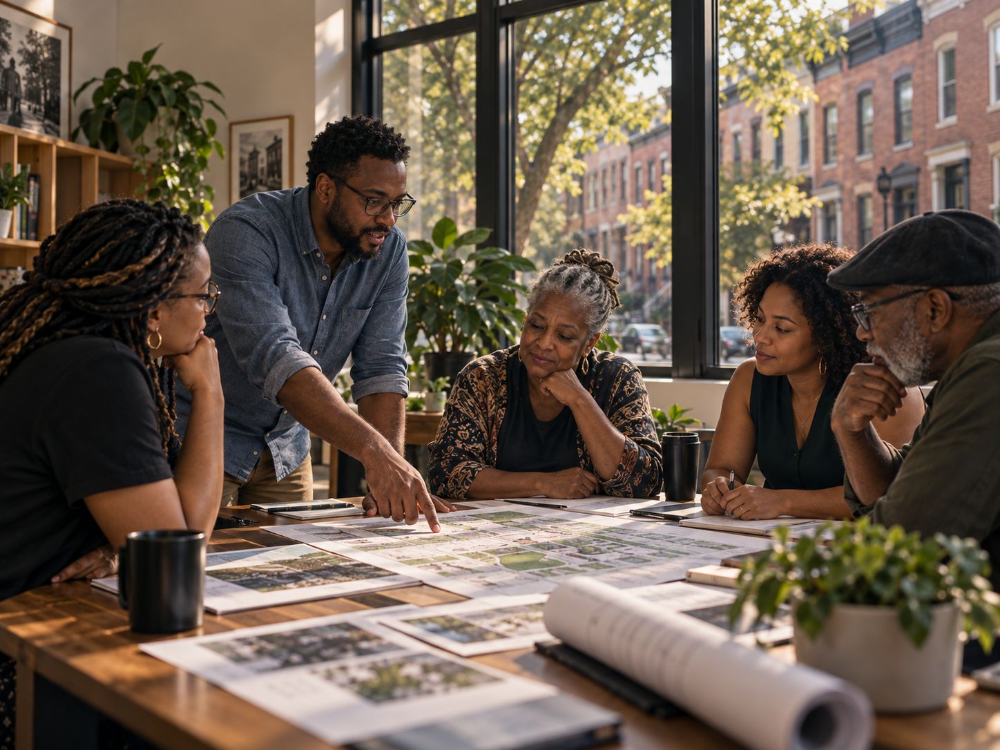 Residents and community leaders reviewing neighborhood housing plans together